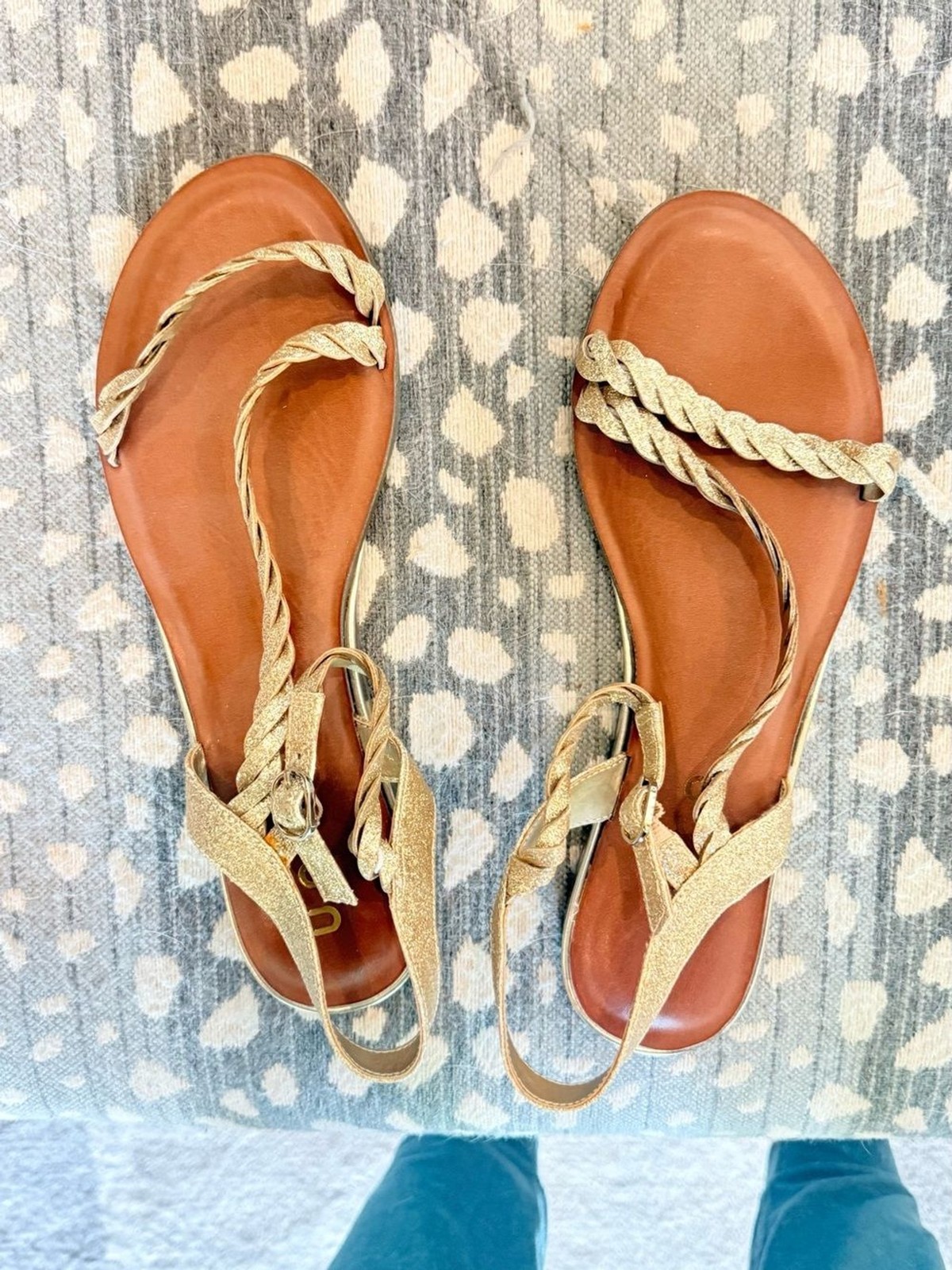 Unisa Gold Braided Strap Sandals with Tan Footbed