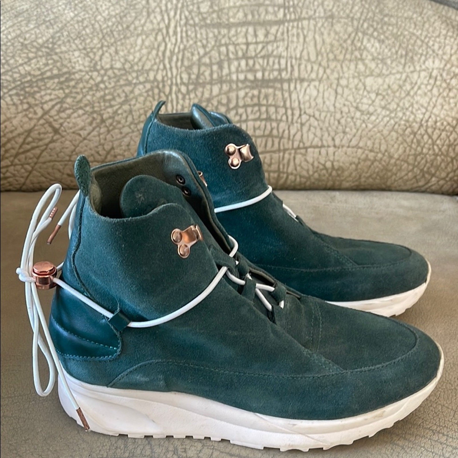 Filling Pieces Teal Hand Crafted Modern High-Top Women Leather Sneakers Size 38