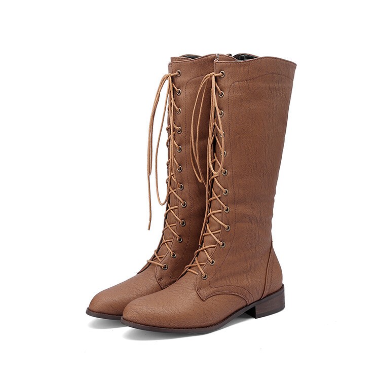 Women’s Mid Calf Boots Punk Casual Shoes Flat Lace Up Side Zip Riding Outdoor SZ