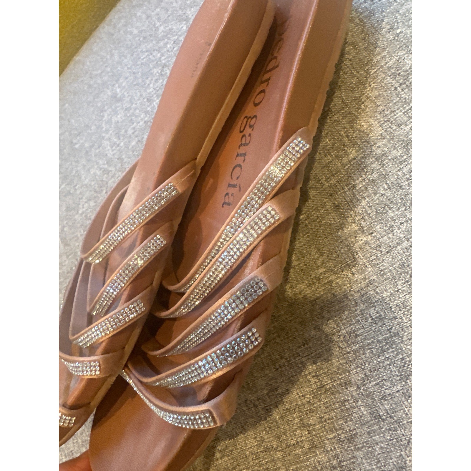 Pedro Garcia Swarovski Crystal Strappy Slide Sandals Tan Satin Made in Spain 37