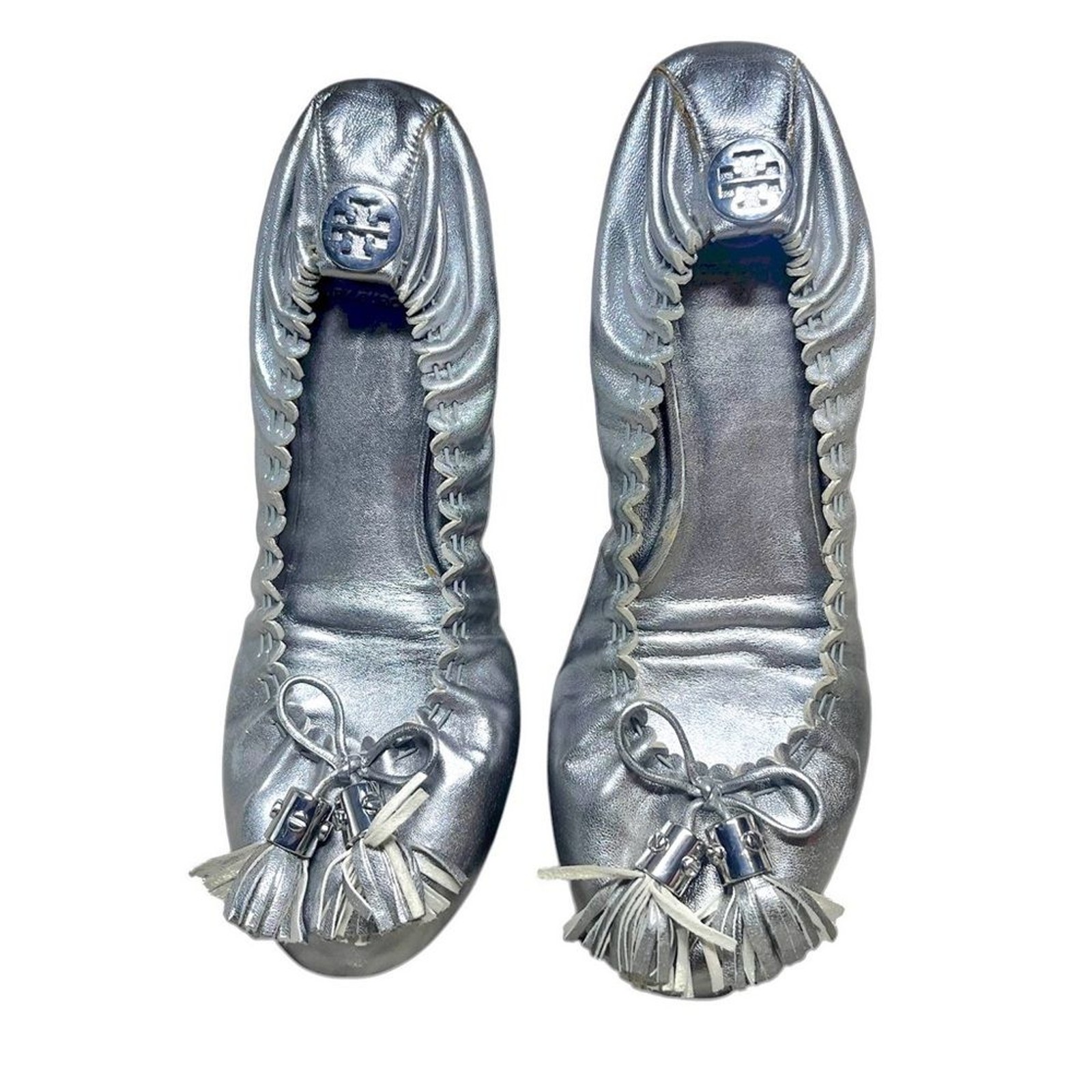 Tory Burch Leather Metallic Silver Flats Tassel Ballet Size Not Marked Read*