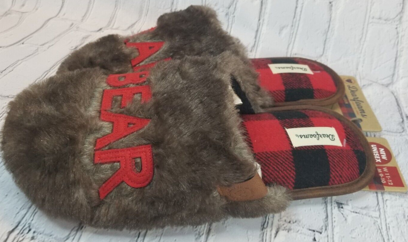 Dearfoams Grand Bear Slippers Unisex Faux Fur Red Blk Buffalo Check W11-12 M9-10