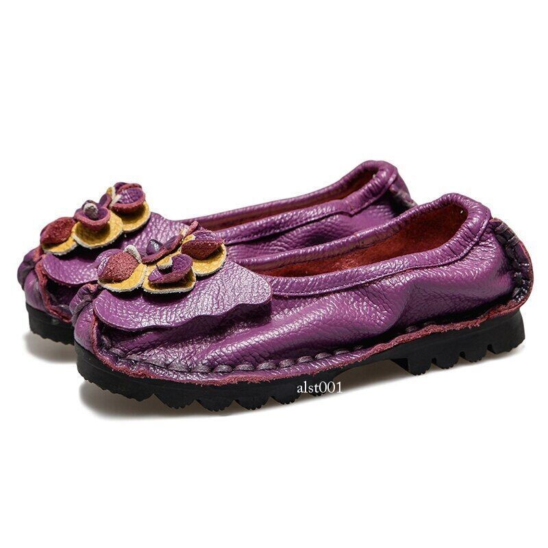 Leather Flat Shoes Women Flats with Flowers Ladies Soft Shoes Loafers Slip On