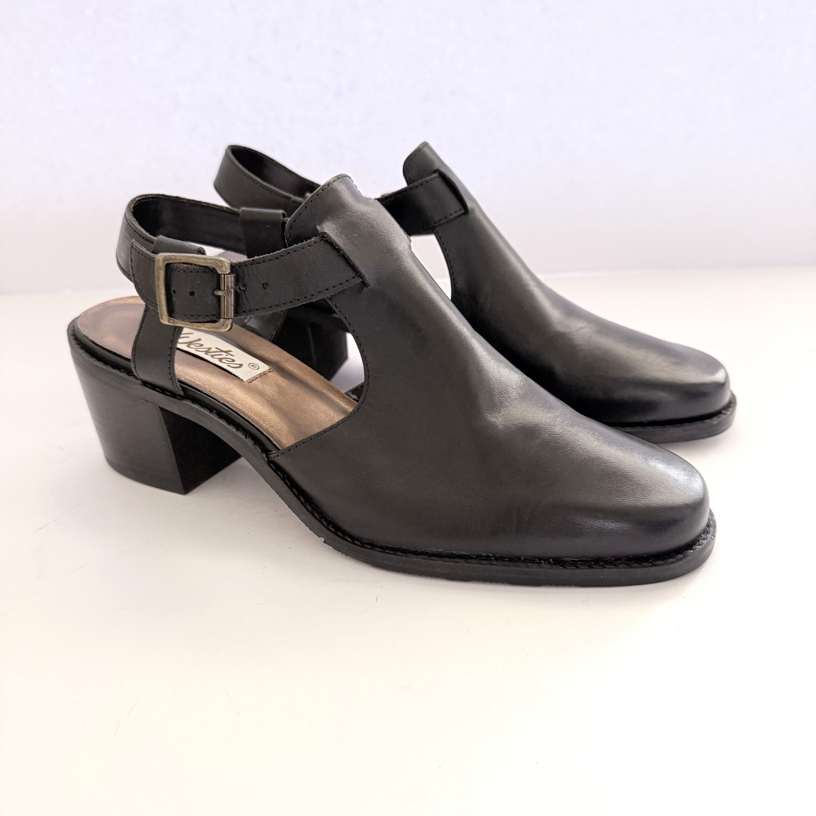 Westies Womens Leather Slingback Shoes 8.5M Black 2.5 Inch Block Heel NWOB