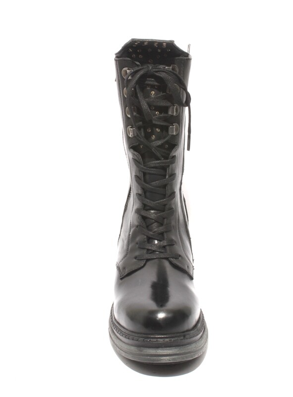 WOz 2226 Black Leather Lace-Up Zip-Up Studded Platform High Boots 40 / US 10