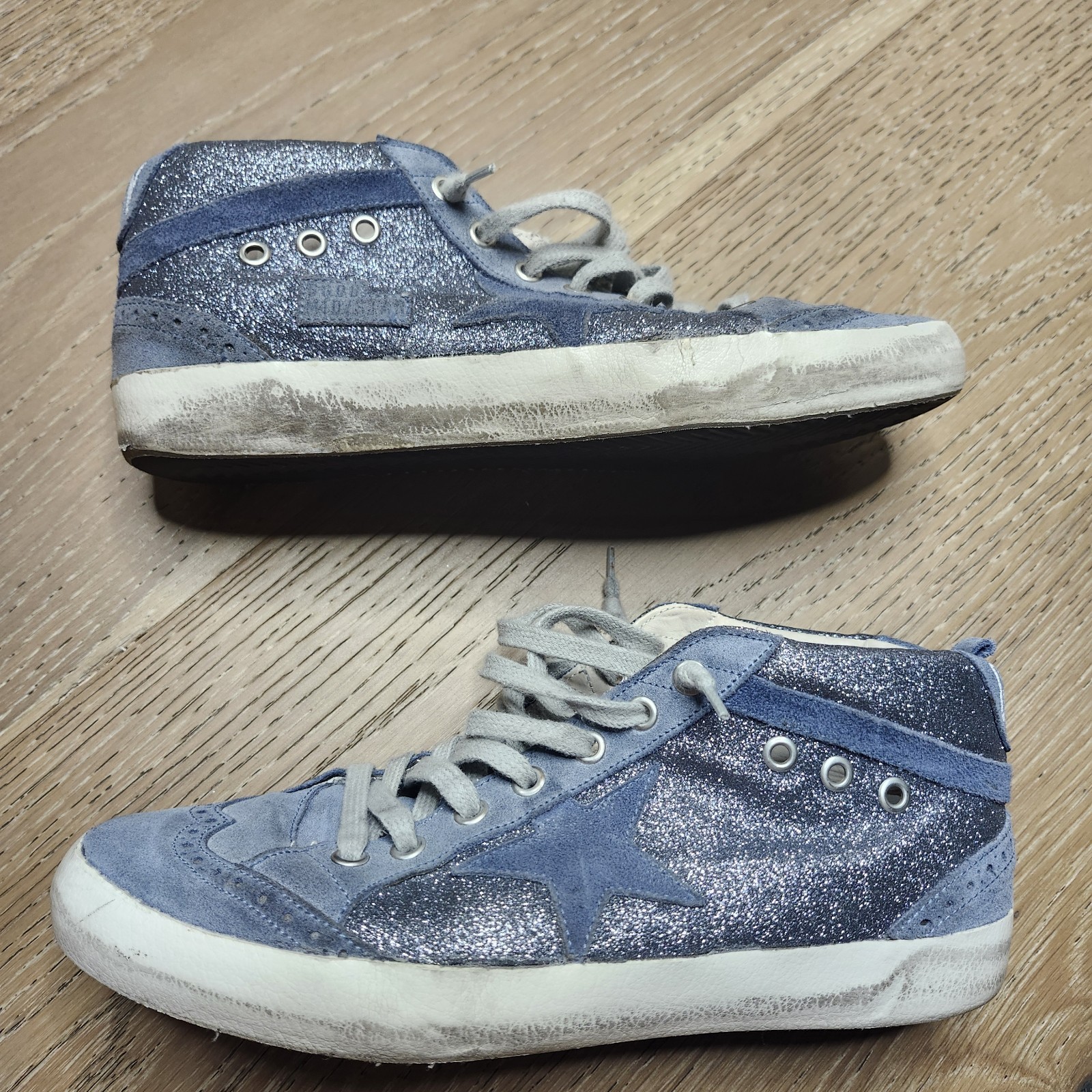 Golden Goose Mid Star Women’s Blue Sparkle Glitter Sneakers Size EU 40