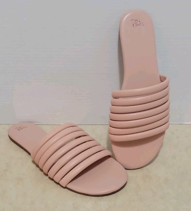 Time and Tru Slip On Multi Band Sandals Womens Size 11 Pink Tubular Slides NWOT