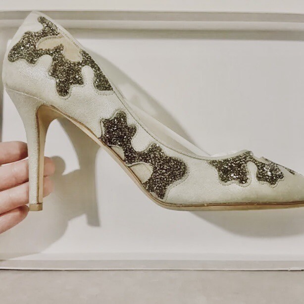 Jimmy Choo Karmel 85 Pumps EU 38 Platinum Suede Crystal Mesh High Heels