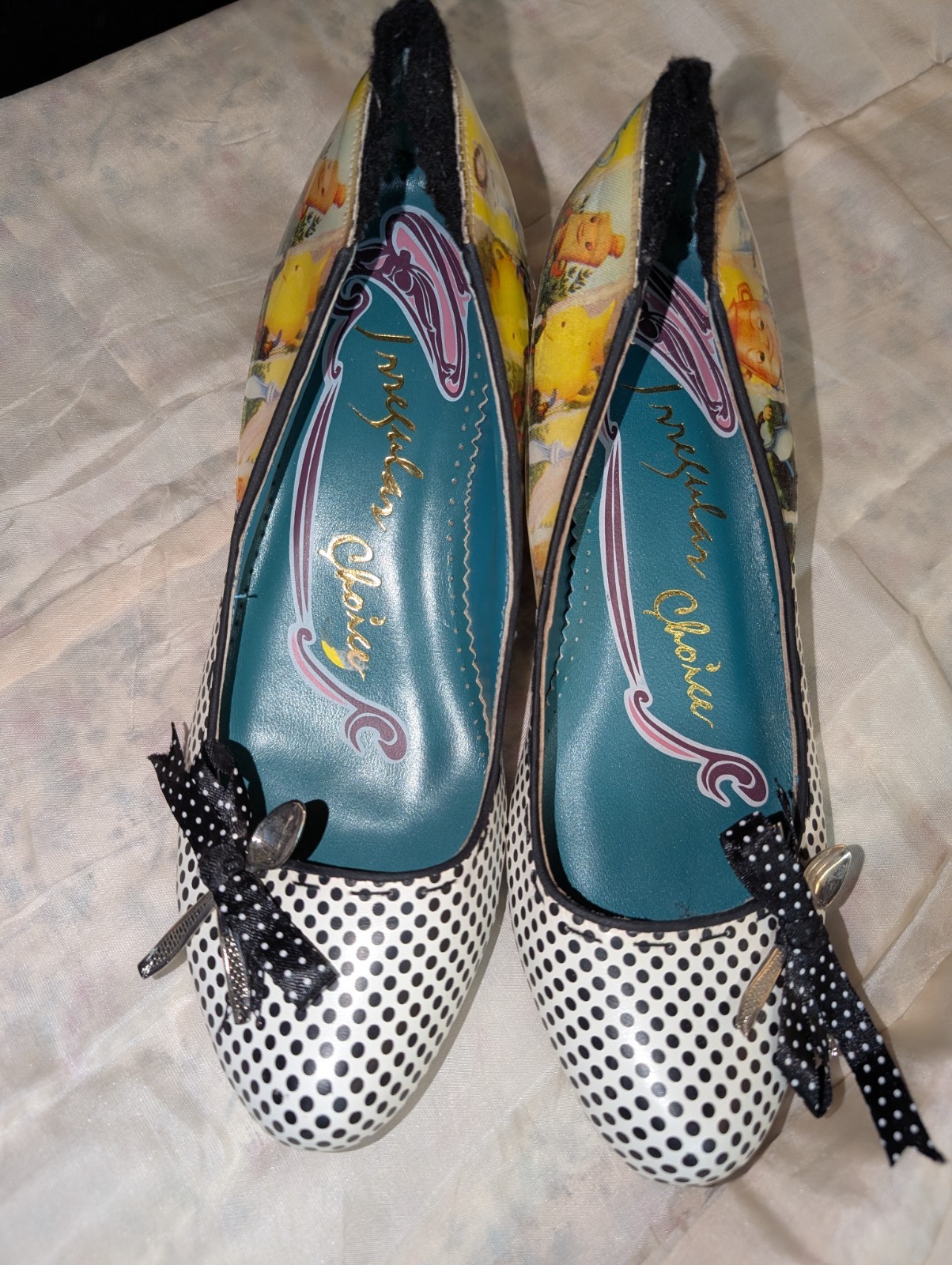 Black White Polka Dot Spoon Teapots Kitten Heels Irregular Choice 8.5-9