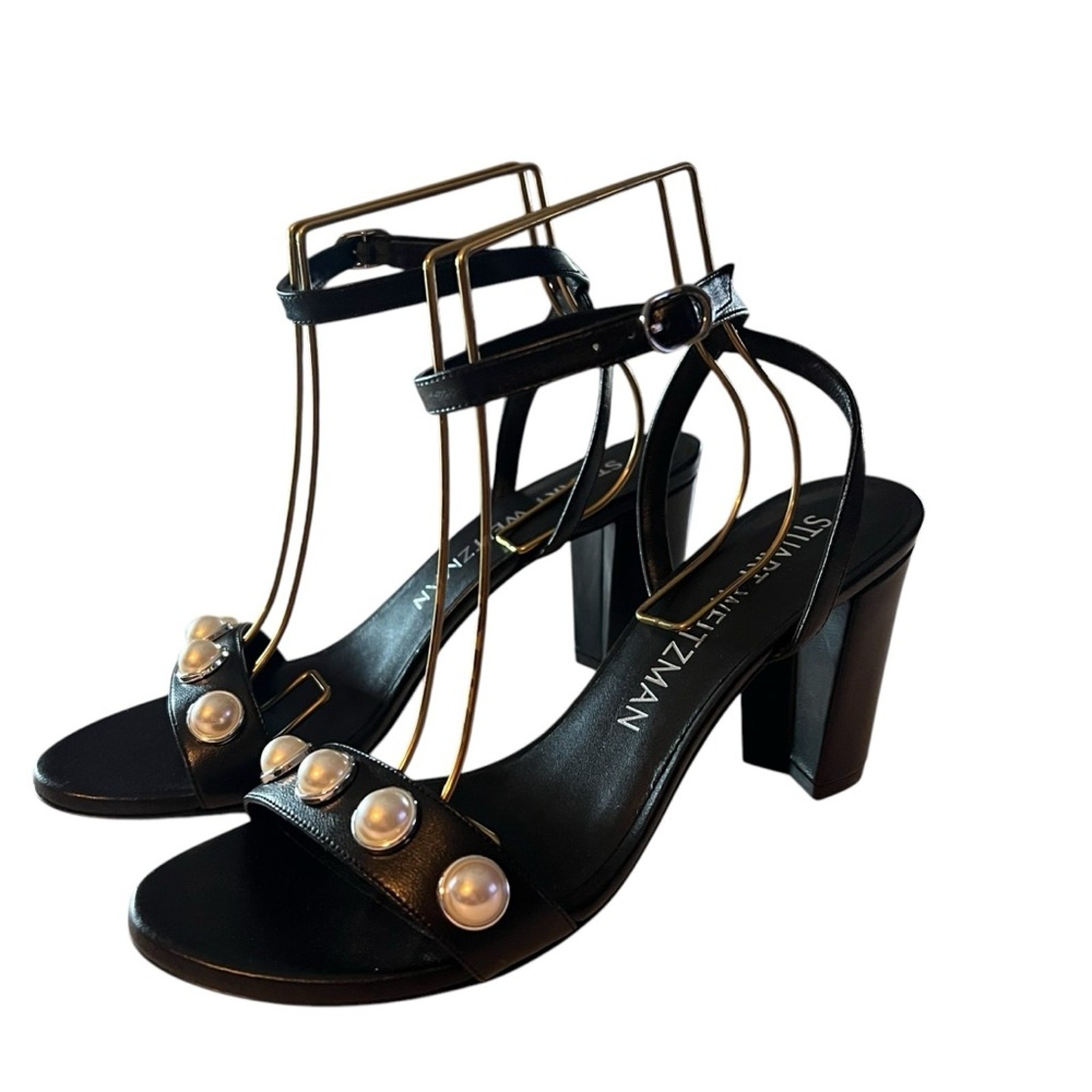 Stuart Weitzman Nearlybare Portia 85MM Leather Heels Faux Pearl NEW 9.5