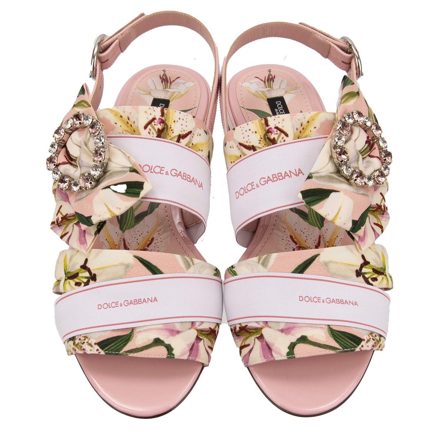 DOLCE & GABBANA DG Logo Crystal Bow Brooch Lily Sandals Shoes BIANCA Pink 13392