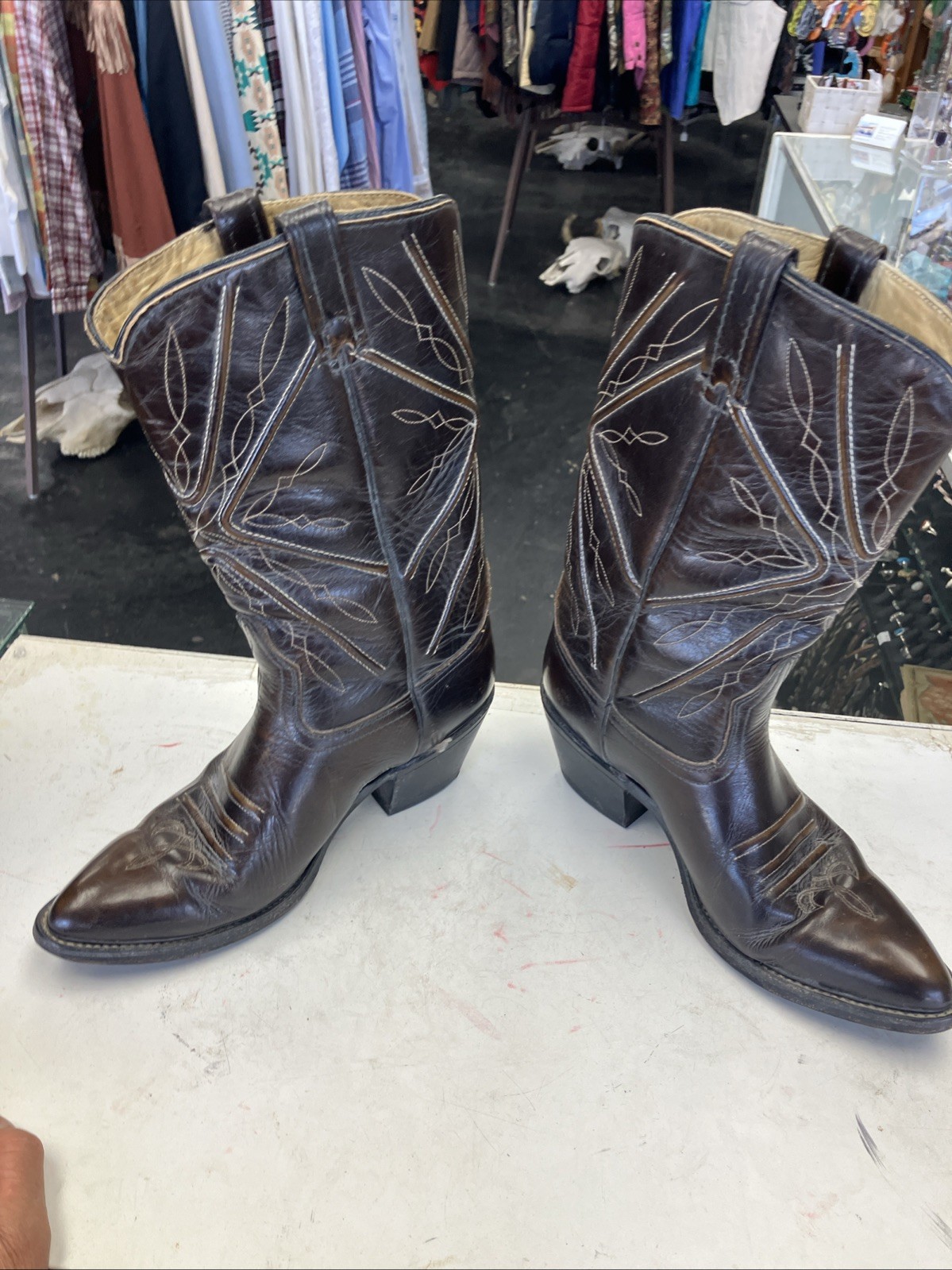 Vintage 70s Acme Western Cowgirl Stitched Brown Designer Leather Boots Size 9 M