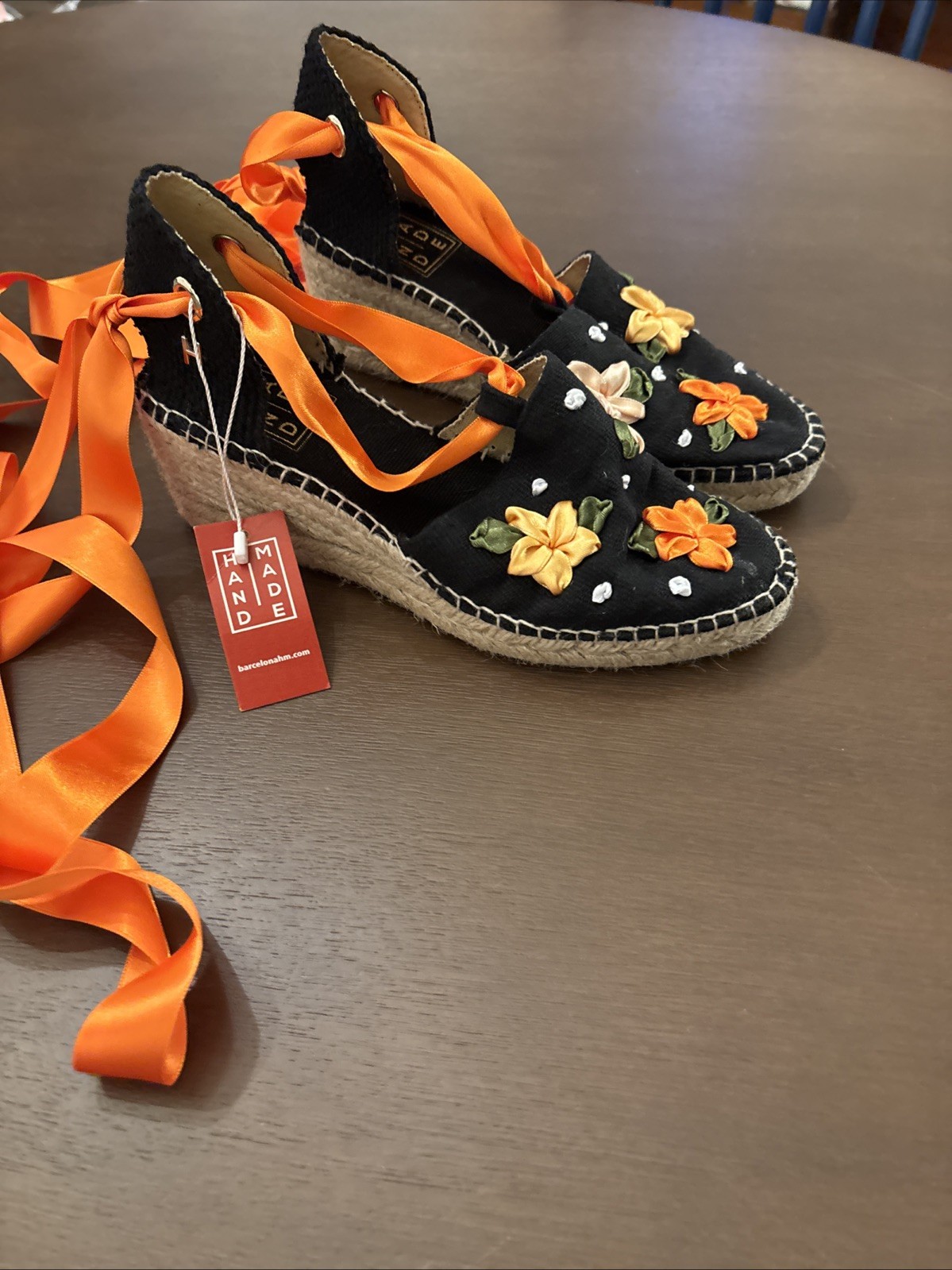 Custom Made Espadrilles Tangerine Flowers by Handmade Barcelona Size 37 NWOB