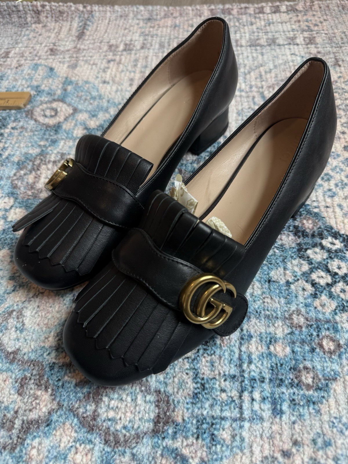 Gucci Black Leather Fringe Marmont Loafer Pumps Shoes Size 40 US 9.5