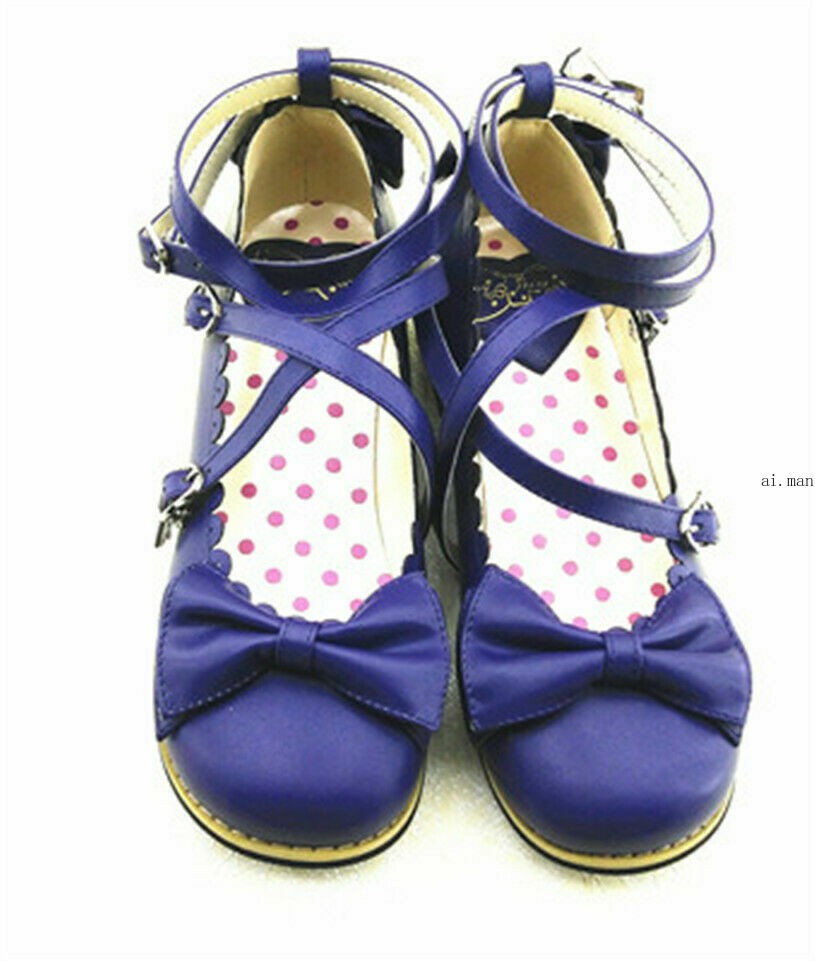 Women Lolita Low-heeled Mary Jane High Heel Cross Straps Bow Knot Princess Shoes