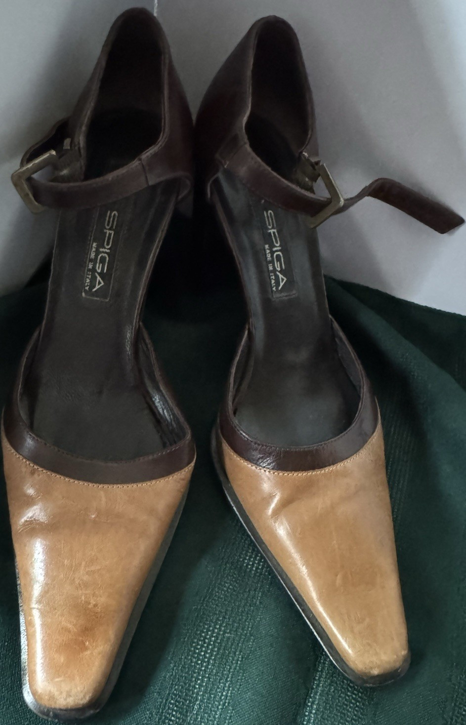 Via Spiga Brown Beige Leather Square Toe Ankle Strap Buckle Pumps Women’s 8