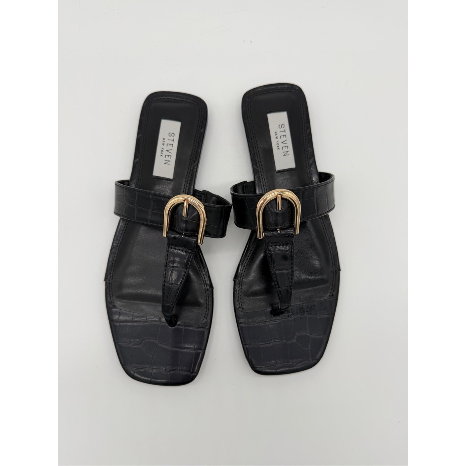 Steven New York Pava Sandals Black Croc Embossed Thong Gold NWOB – US 8