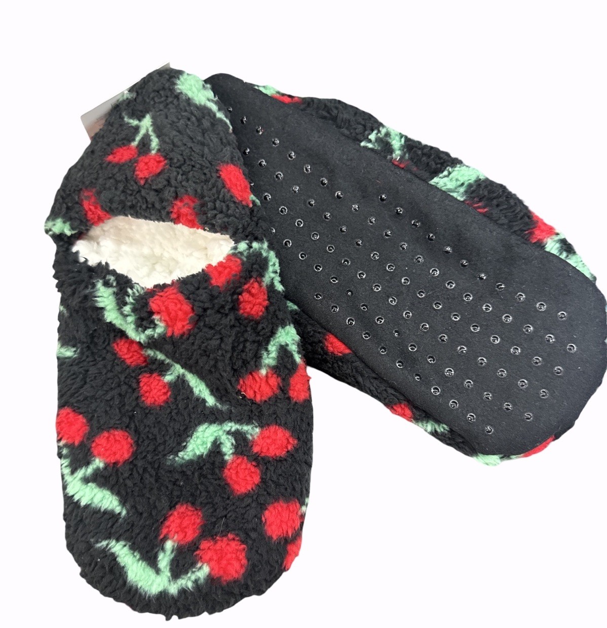 TWO PAIRS ~ Yes TWO! Slipper Socks Womens M/L 8-10 Black Red Cherry Faux Fur NWT