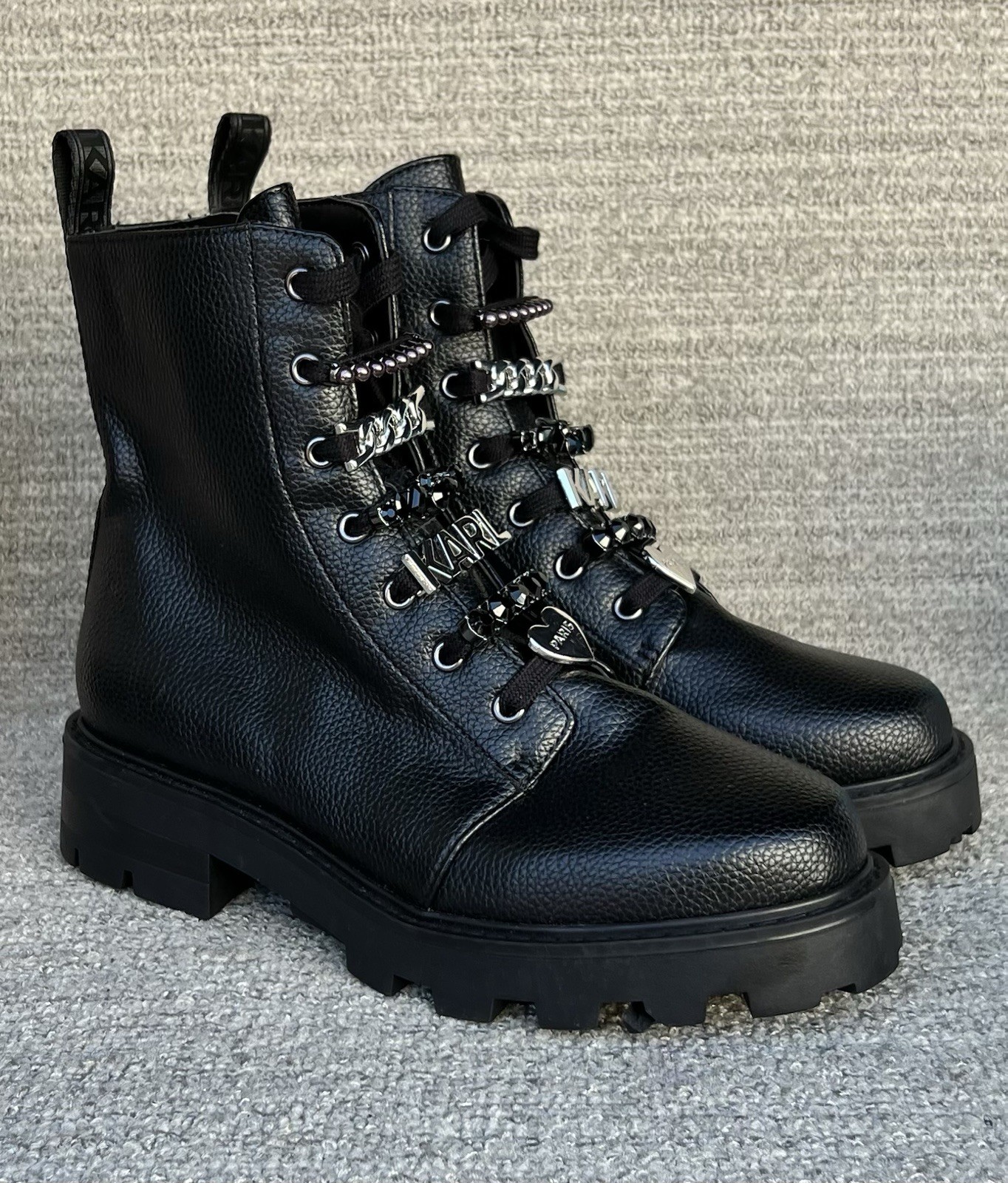 KARL LAGERFELD PARIS Mela Embellished Combat Booties Women’s Size 7.5 US