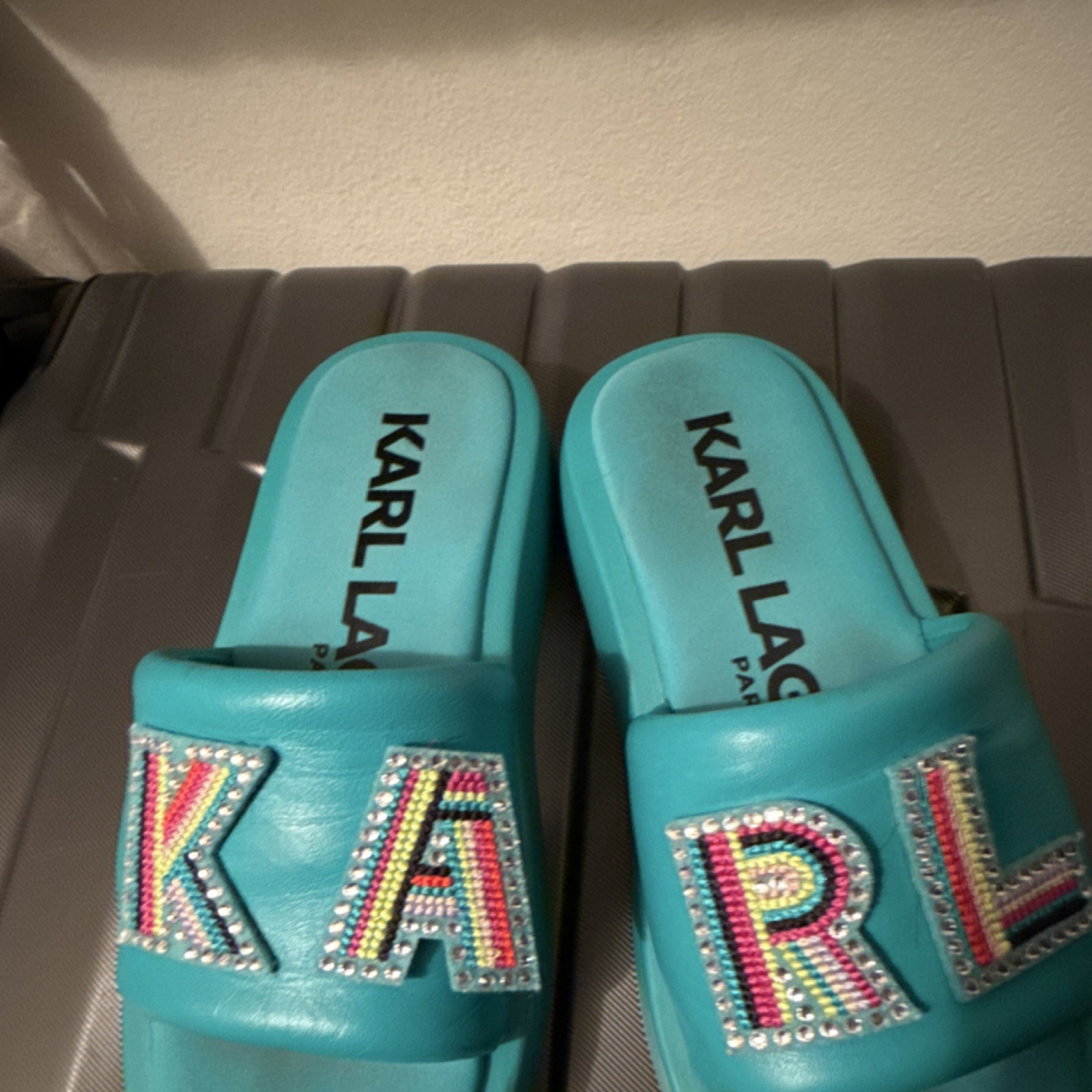 Karl Lagerfeld Turquoise Multicolor Beaded Logo Slide Sandals for Women