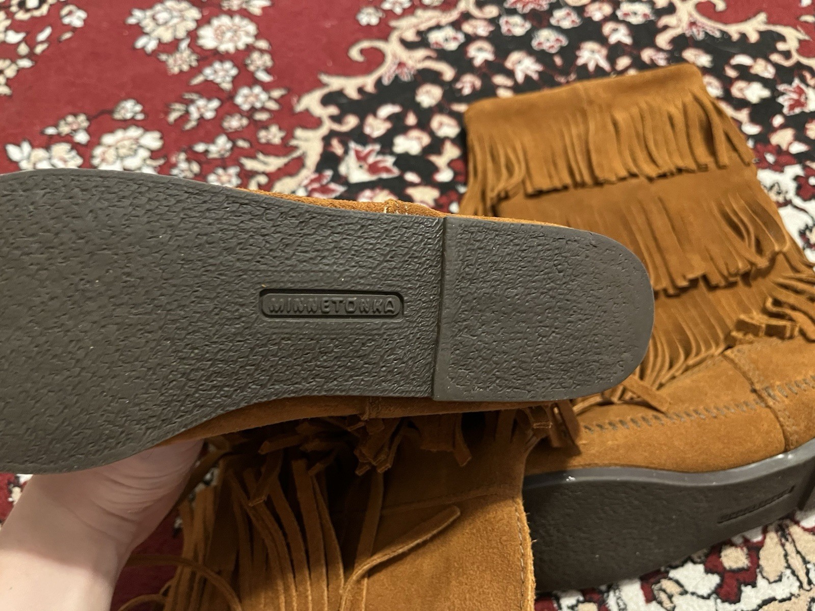 Minnetonka 1632 Moccasins Brown Suede Fringe Mid-Calf Pull-On Round Toe