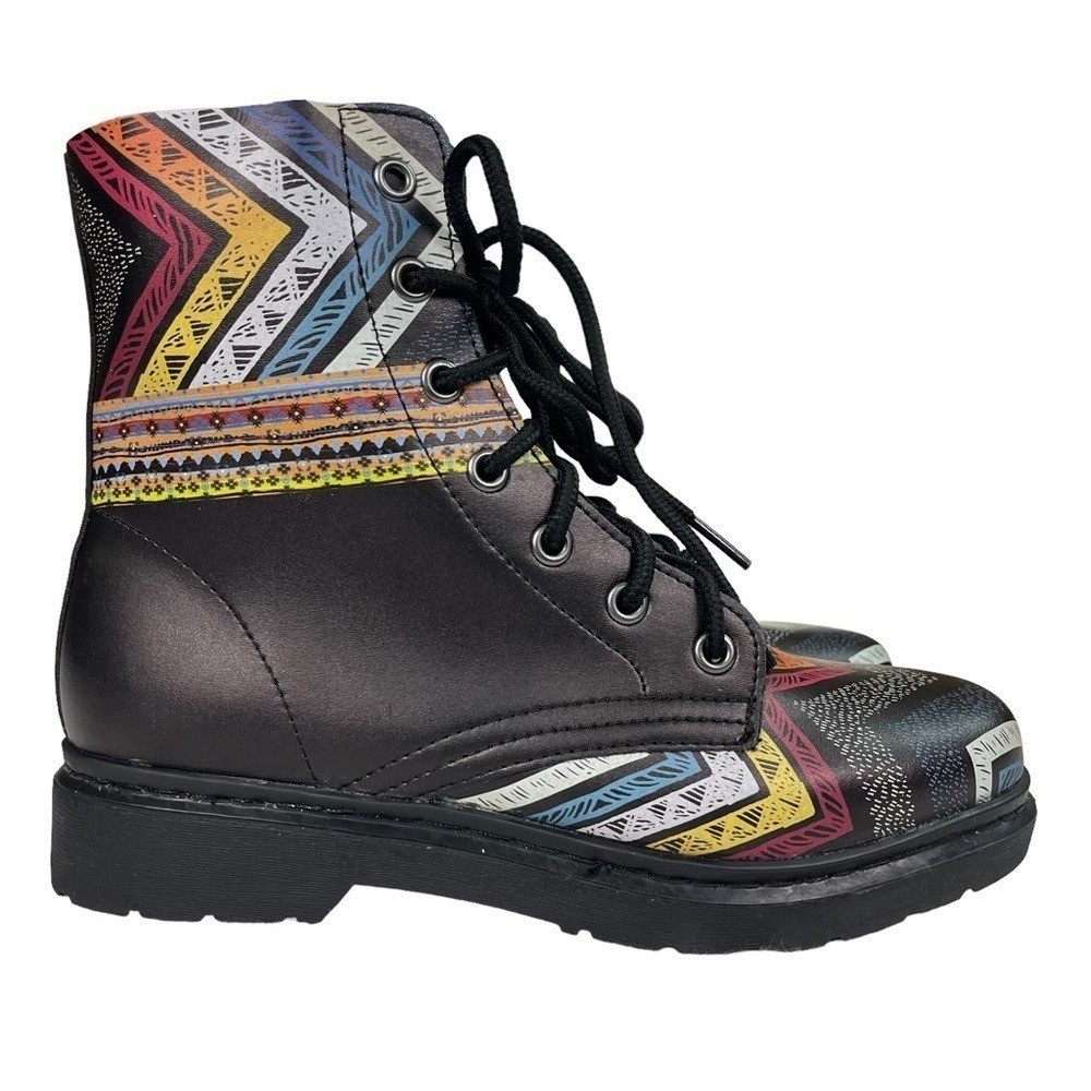 Yes We Vibe Boots Women Size 8.5 Boho Black and Multicolor Combat Lace Up Shoes