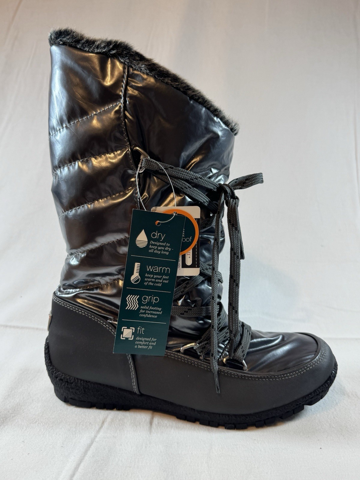 Sporto Charlie Waterproof Lace-Up Winter Boots Black Faux Fur Trim Women 7.5 M