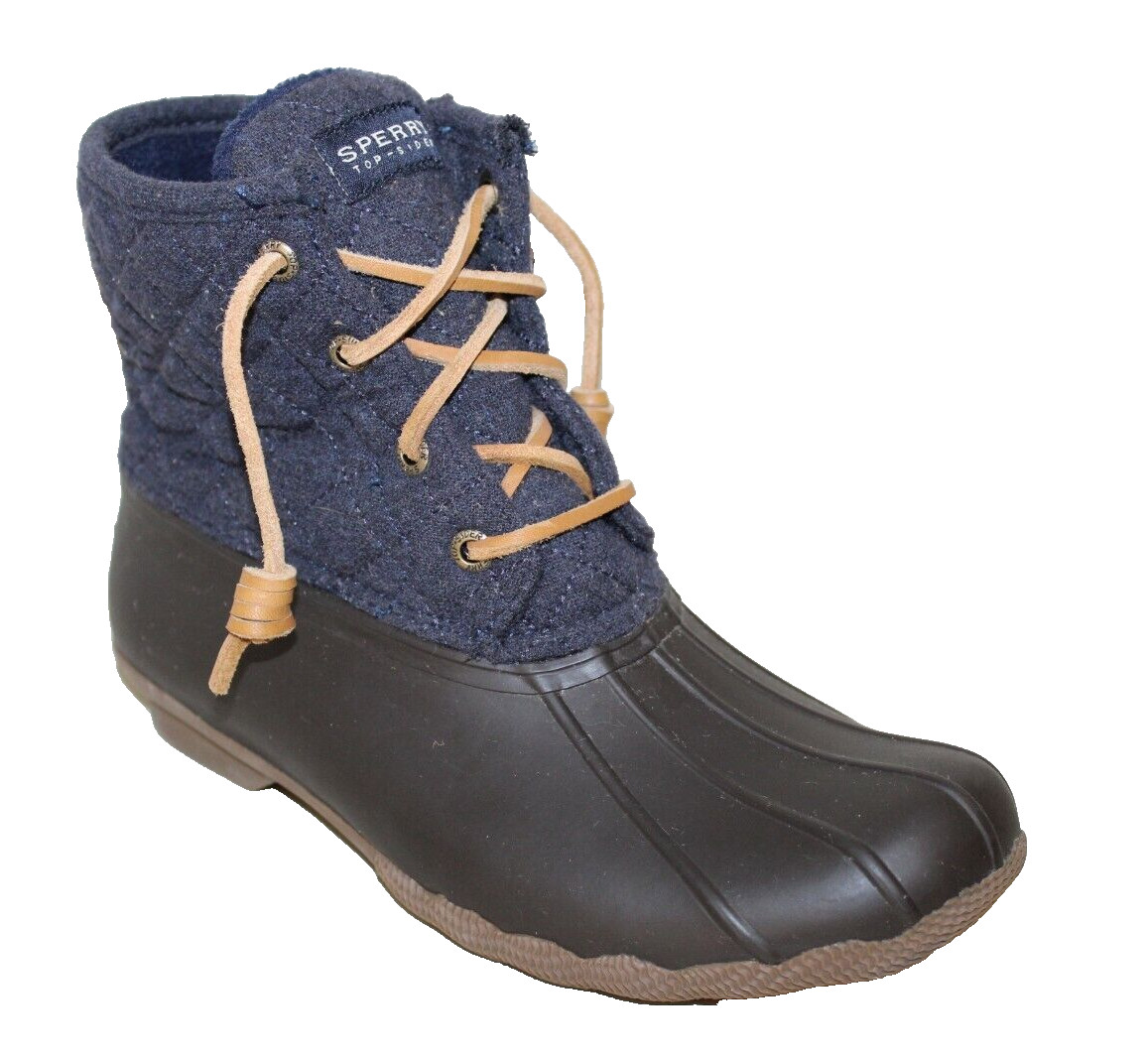 Sperry Womens Duck Boot Sz 7 Waterproof Rubber Brown / Blue Quilt Stitch Fabric