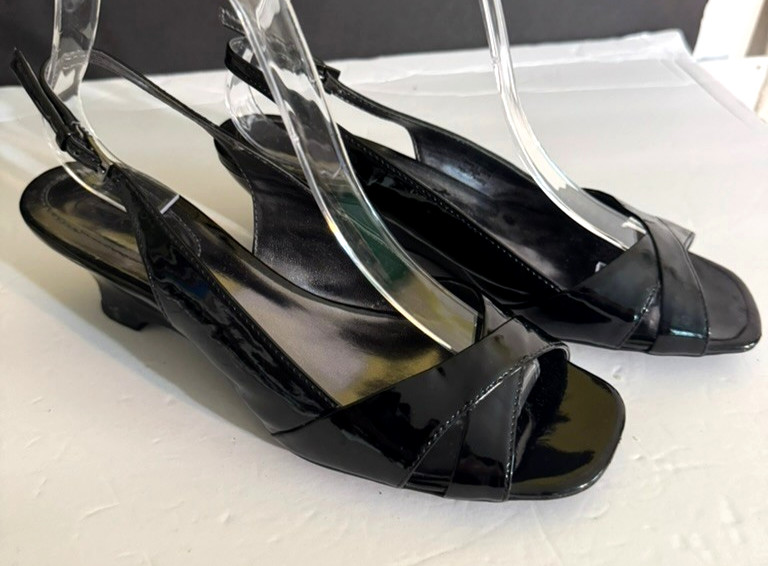 Nickels Black Patent Leather Strappy Slingback Wedge Shoes-Open Toe Sz 7.5