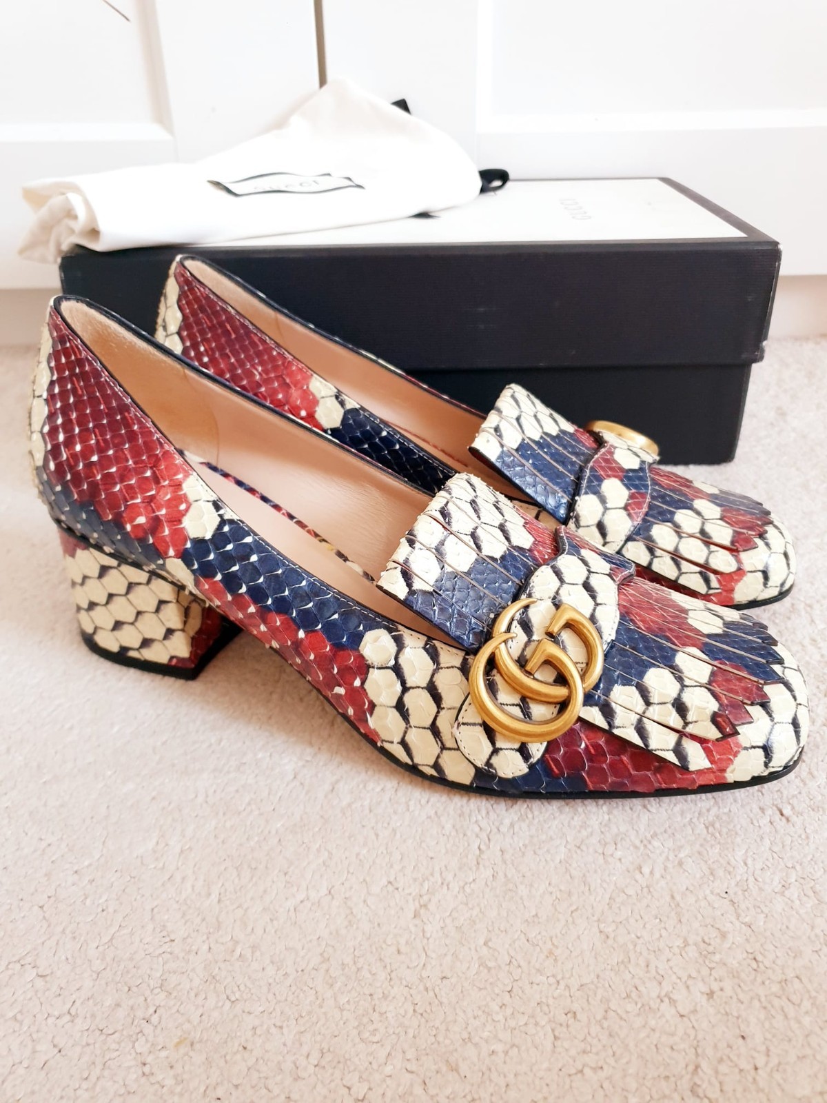 New Gucci Marmont Multi Fringed Leather Mid Heeled Court Shoes UK 6 EU 39 US 9