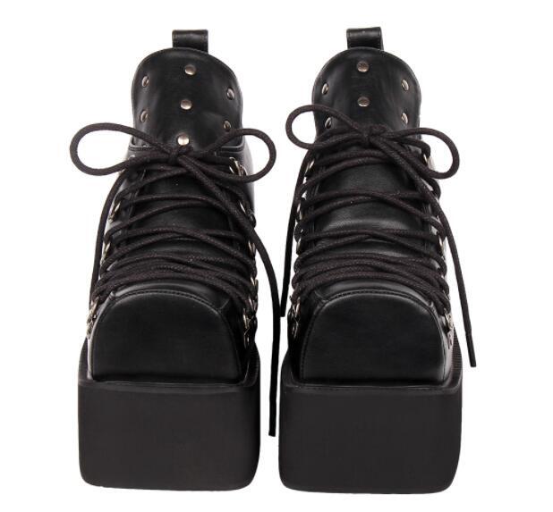 Women’s Punk Gothic Square Toe Lace Up Platform Shoes Rivet Fashion Casual Retro