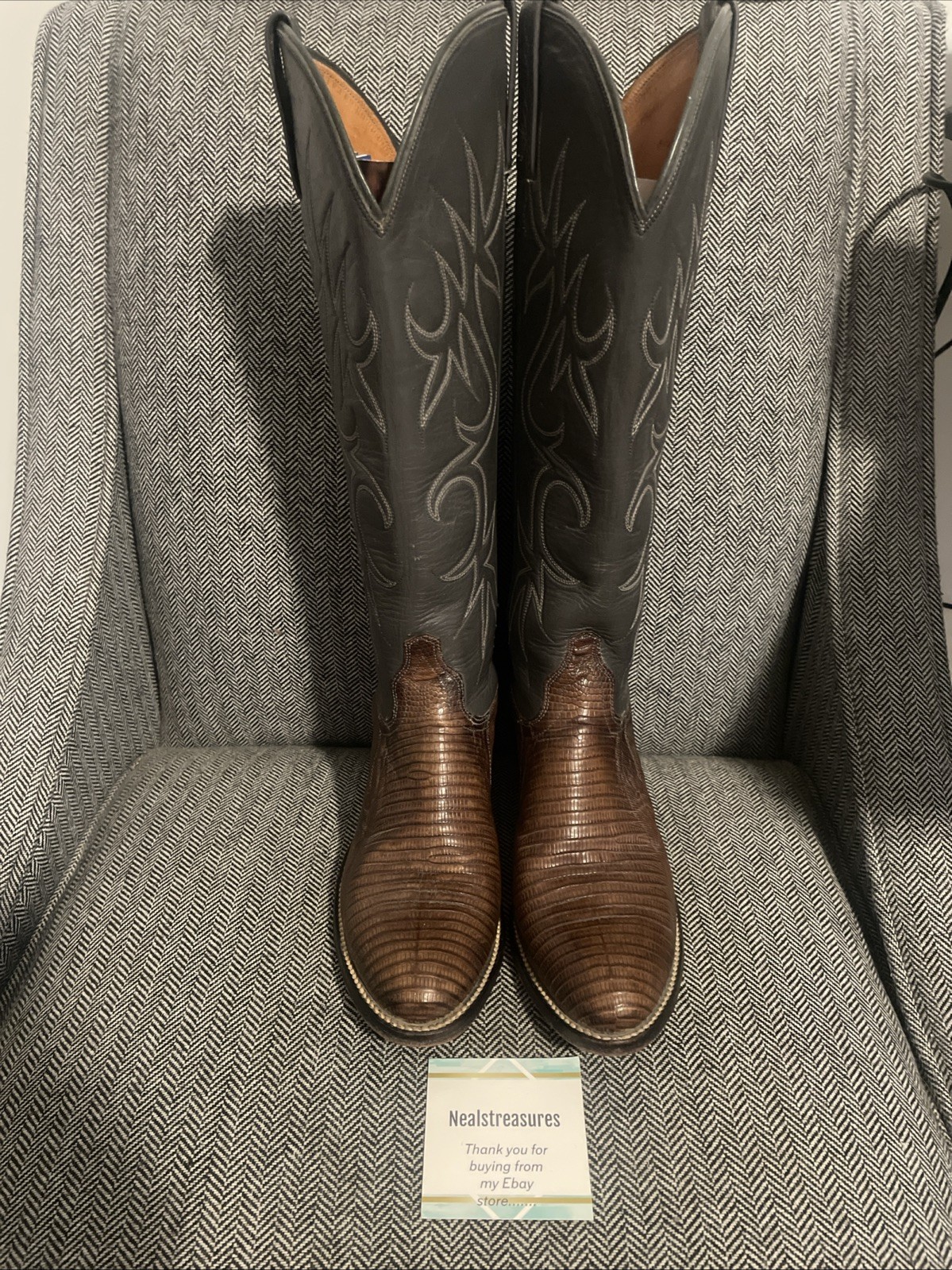 J. Chisholm Women’s Brown Lizard Cowboy Boots Gray Leather Size 5.5M