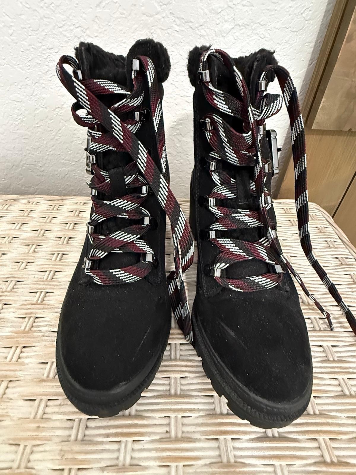 Brandi Women’s Black Faux Fur Trim Lace-Up Ankle Bootie Lined US 7