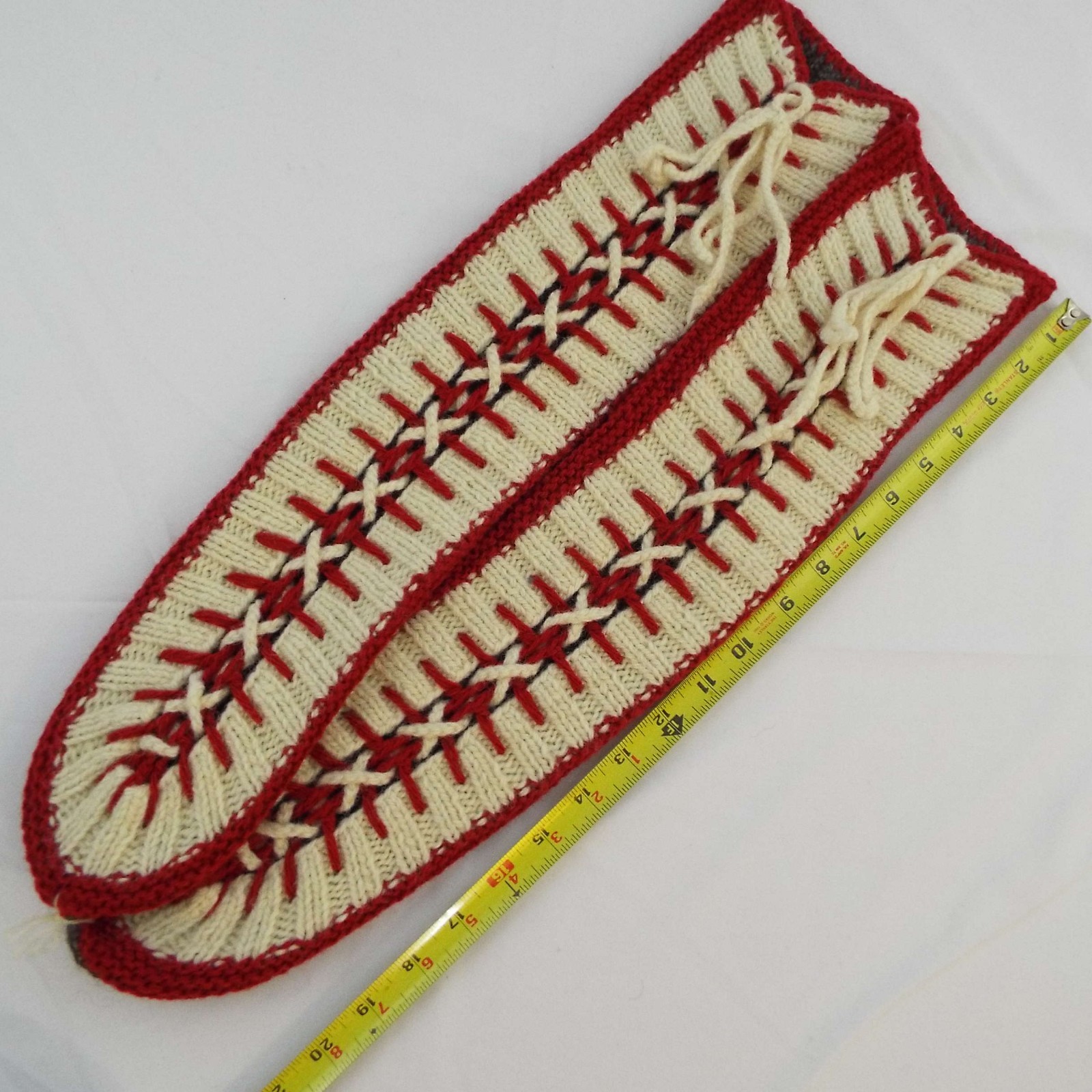 Hand Knit Women’s Red, White, Gray 21″ Lace Up Slipper Socks NWOT One Size