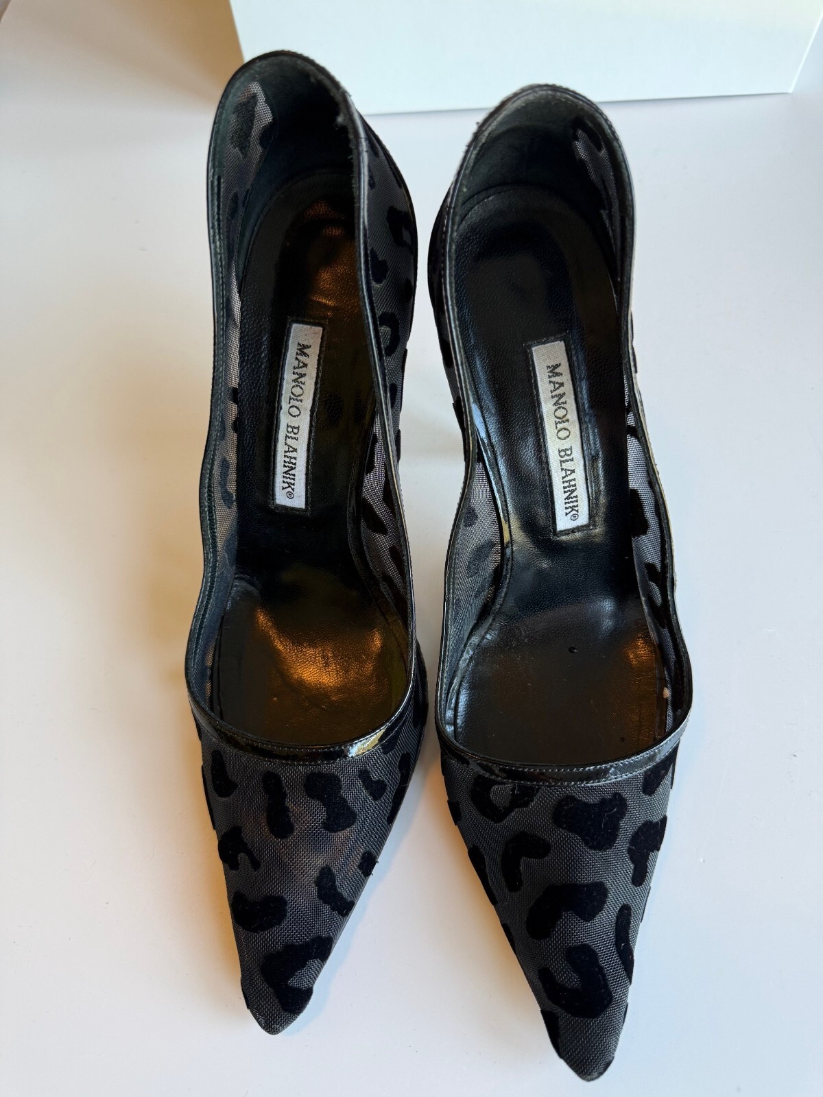 Manolo Blahnik Black Semi-Transparent Leopard Print Pointed Toe Heels