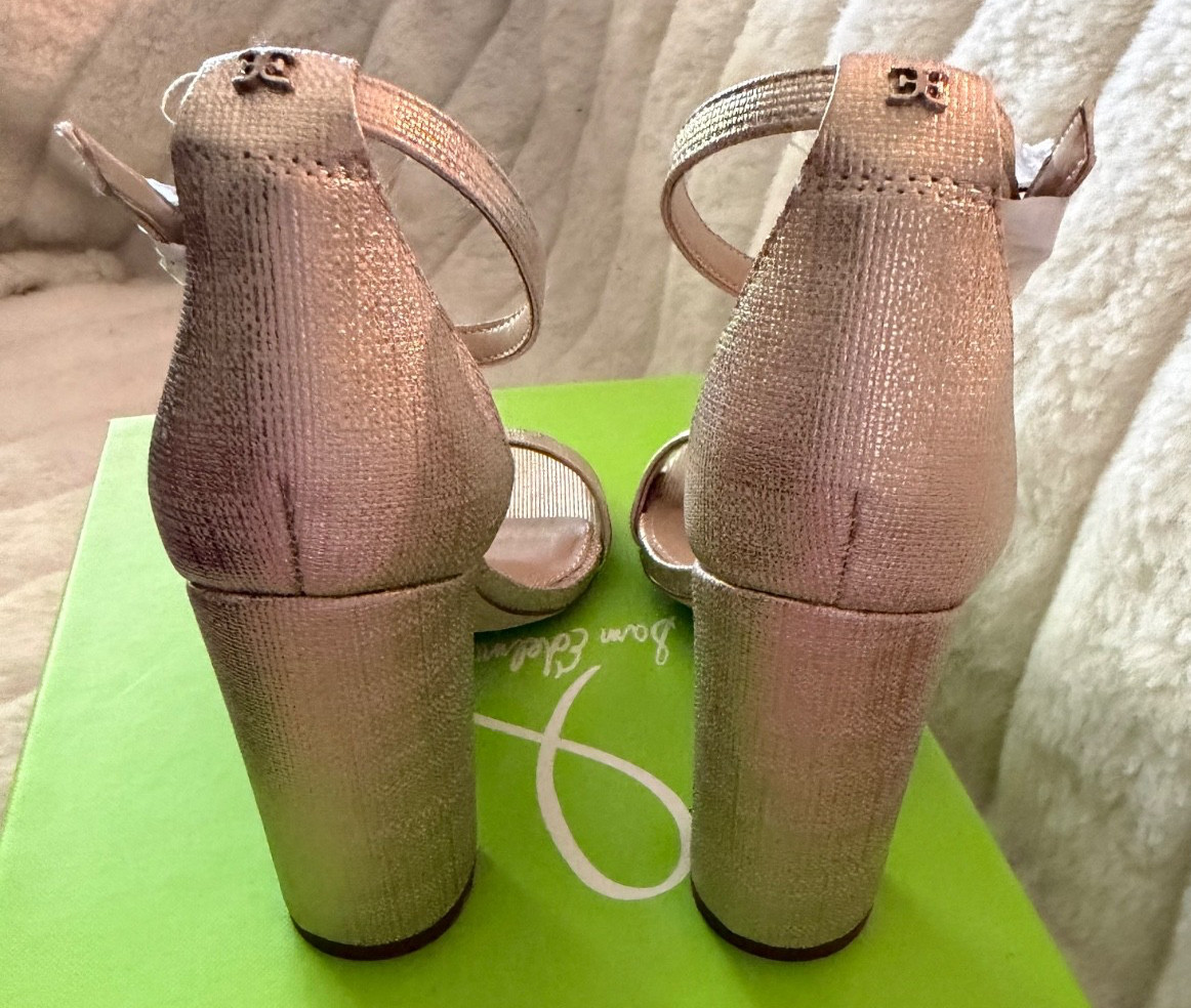 SAM EDELMAN SIZE 6 Gold Metallic Open Toe Block Covered Heel Ankle Strap NWB