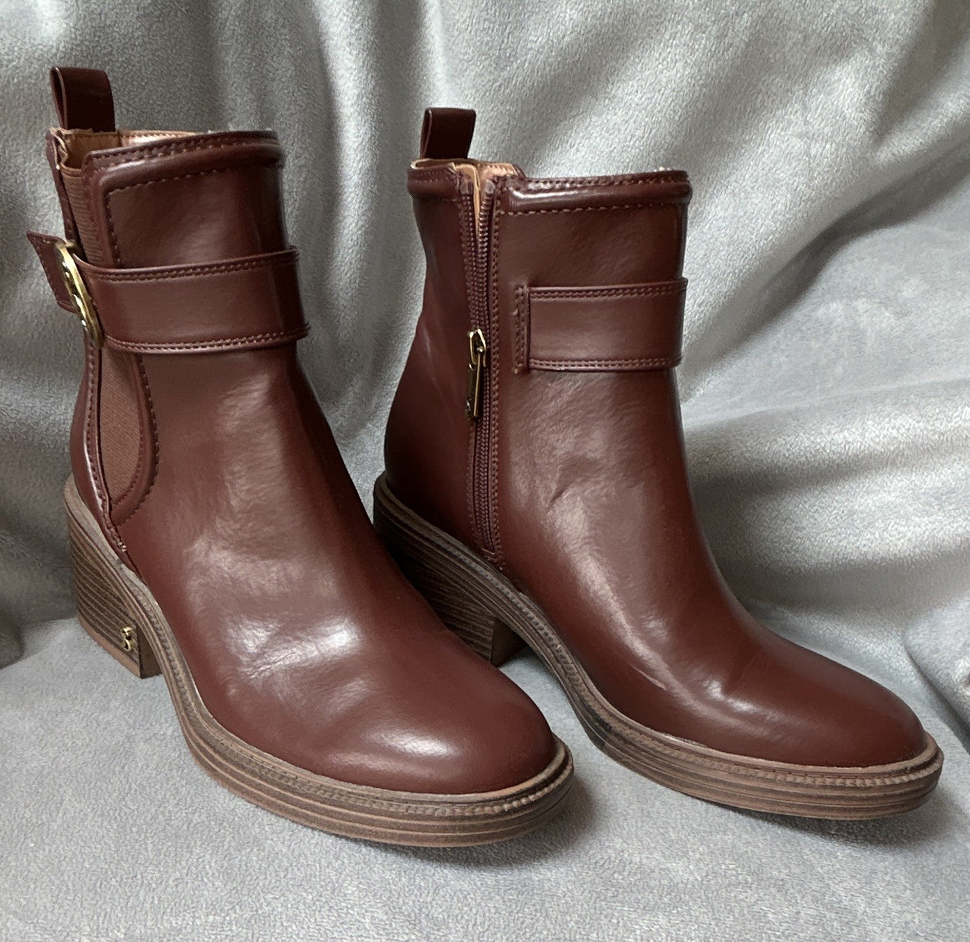 Sam Libby Natalja Women’s Brown Leather Ankle Bootie Round Toe Zip Buckle 8
