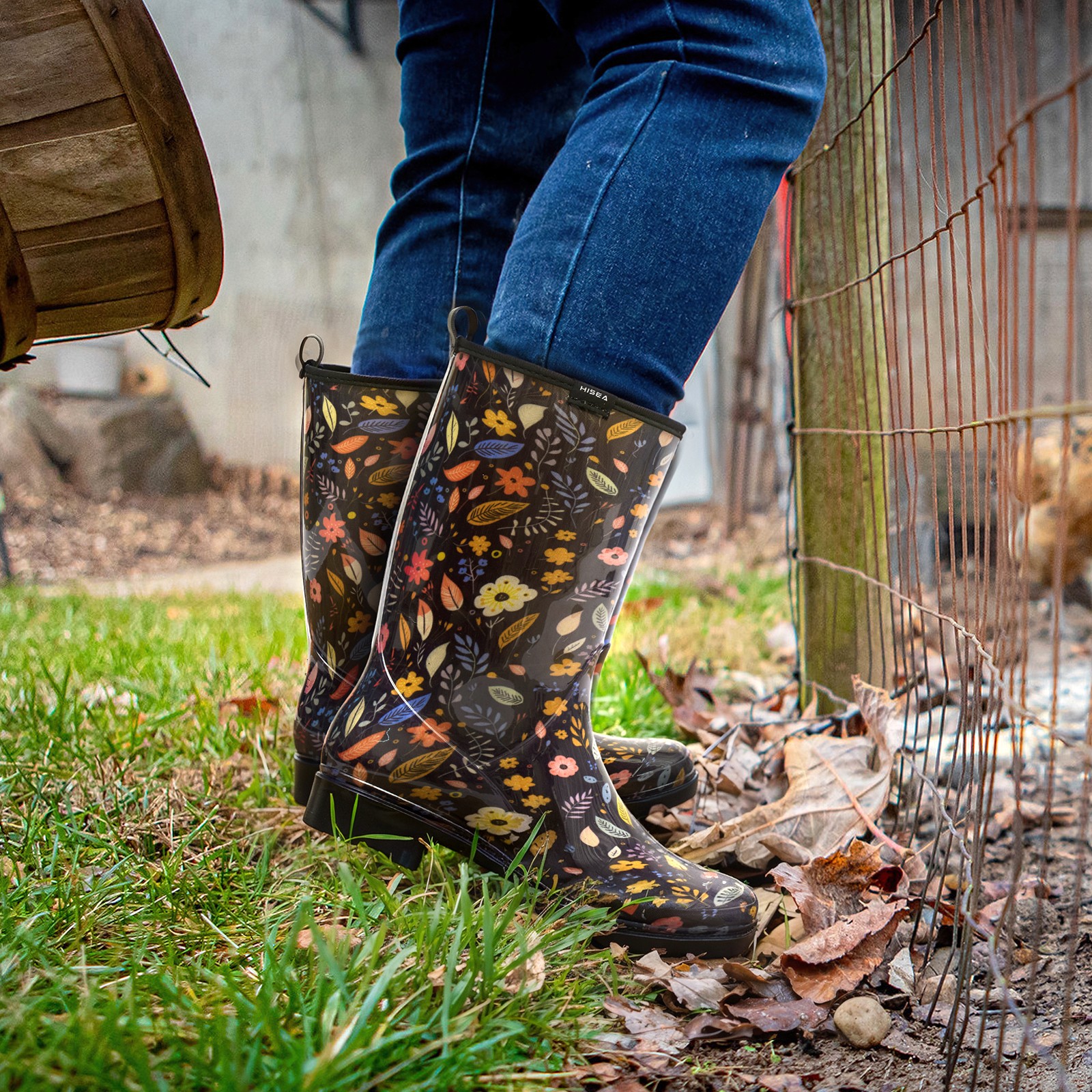 HISEA Women’s Printed Rain Boots Mid-Calf Waterproof Garden Boots Glossy Wellies