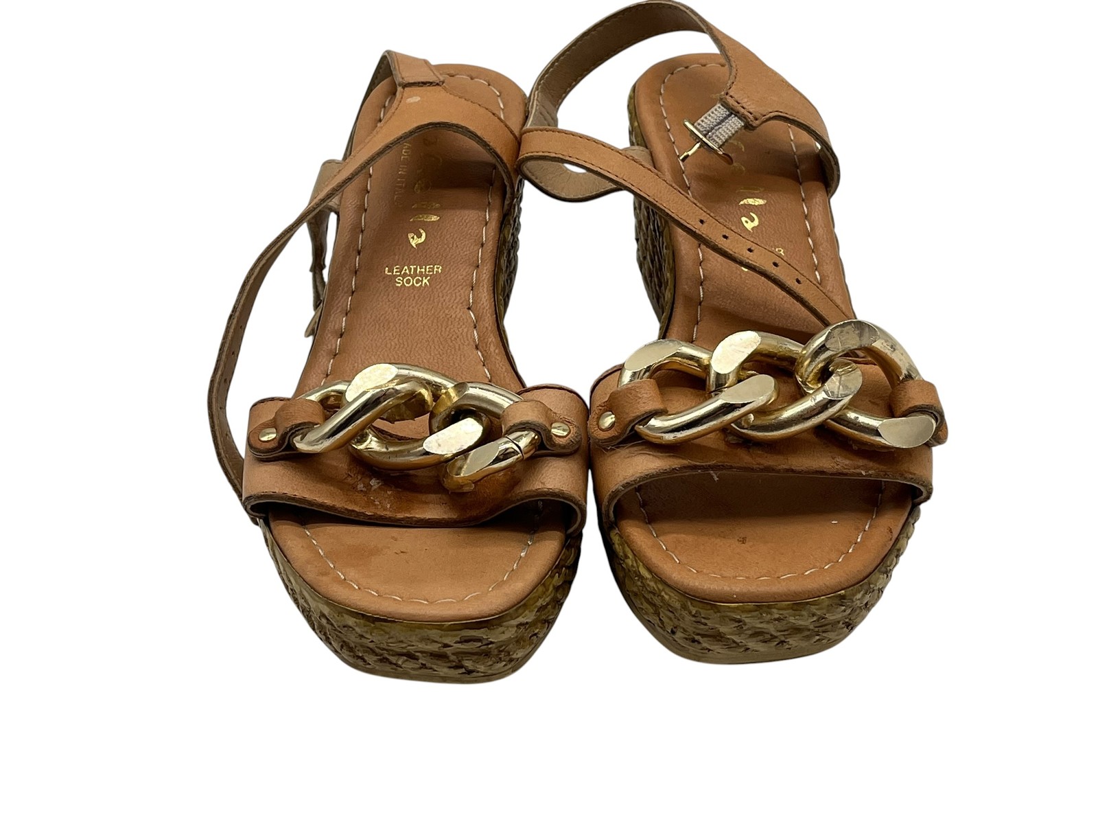 MarIella Women’s Tan Leather Chain Espadrille Wedge Sandals Size 38 Italy