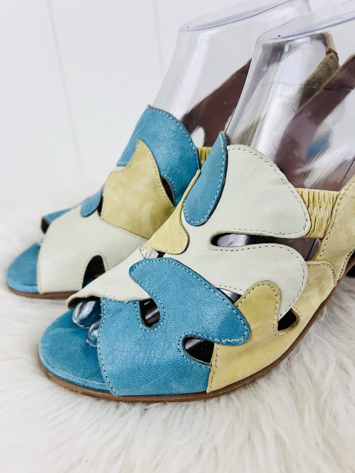Fidji Blue & Yellow Patchwork Leather Cutout Slingback Sandals Heels EU37 US6