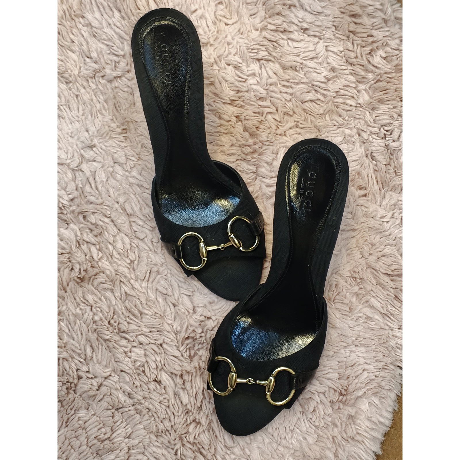 Gucci Horsebit GG Monogram Canvas Mules Black Stiletto Sandals 138703 Size 38.5