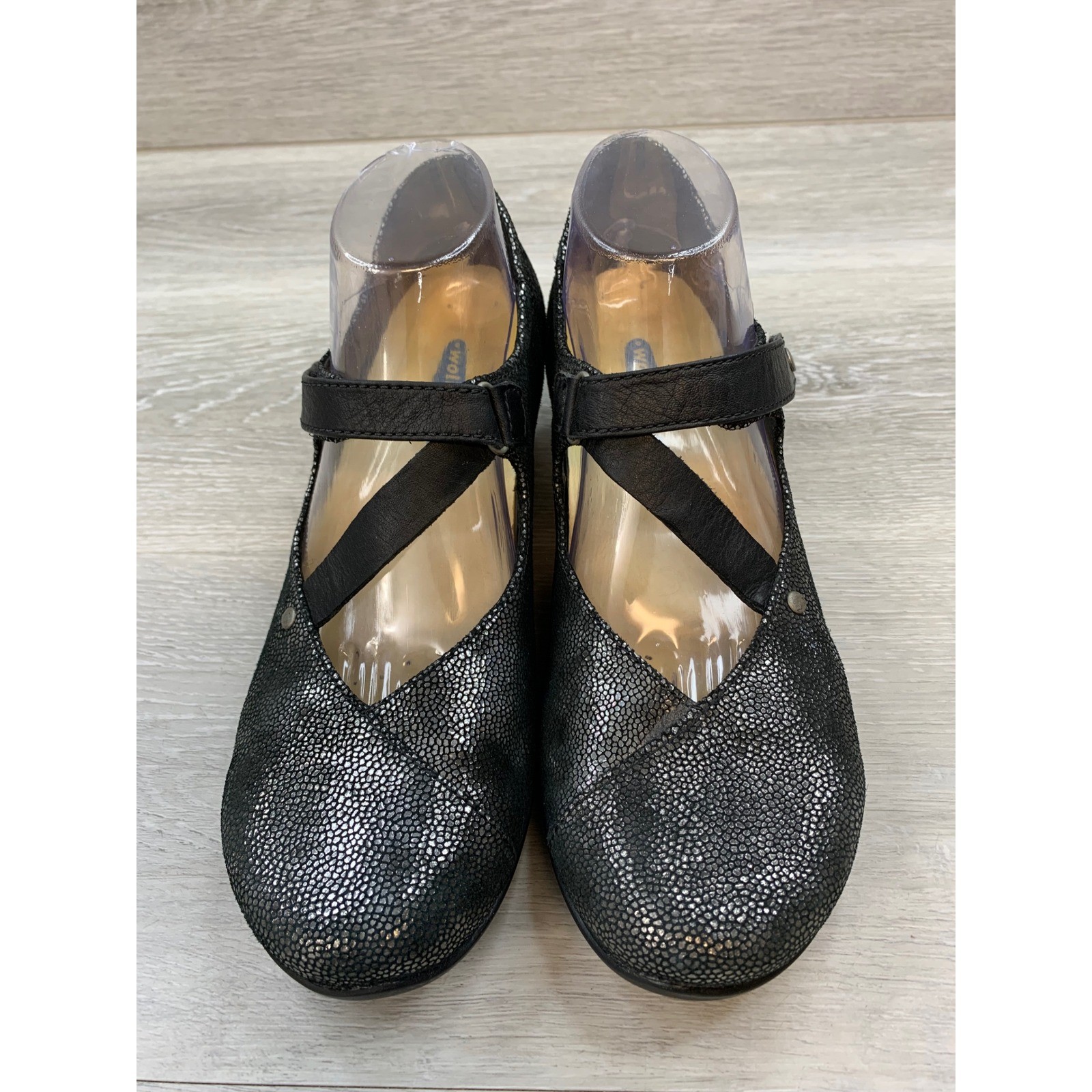 Wolky Women’s Metallic Silver Black Crackle Leather 9 Mary Jane Wedge Shoes