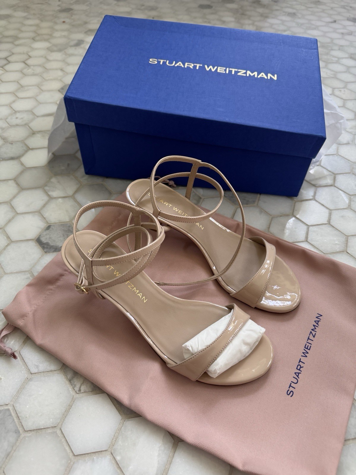 Stuart Weitzman Beige Patent Leather Strappy Ankle Strap Block Heel 8B