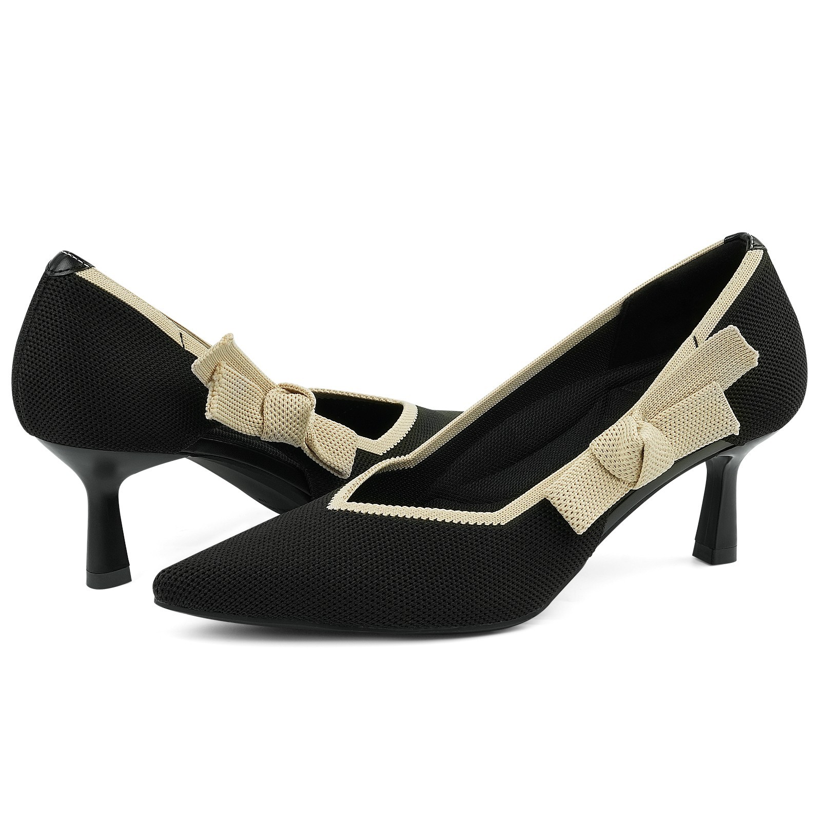 Knit Bow Kitten Heels 2.1″ Low Heel Pointed Toe Pumps Non-Slip Sole Dressy Shoes