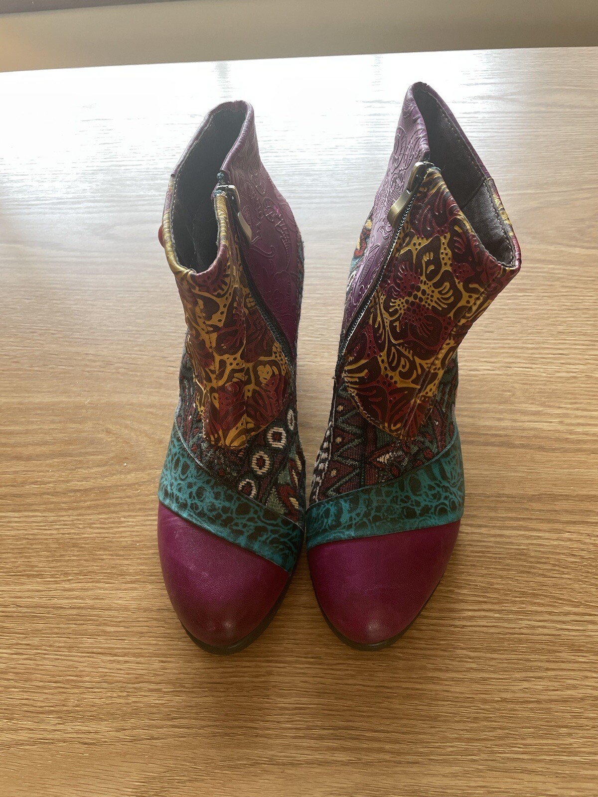 Socofy colorful womens leather boots size 38, with a side zip and a 2 3/4 heel