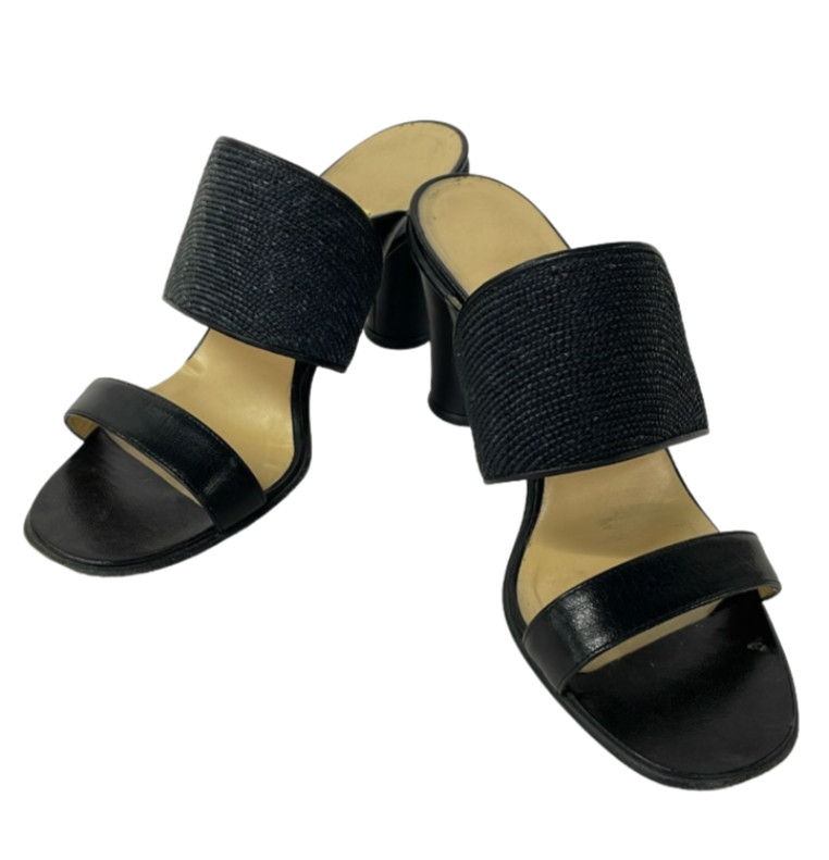 Vintage Salvatore Ferragamo Black Leather and Straw Mules Sourced in Japan