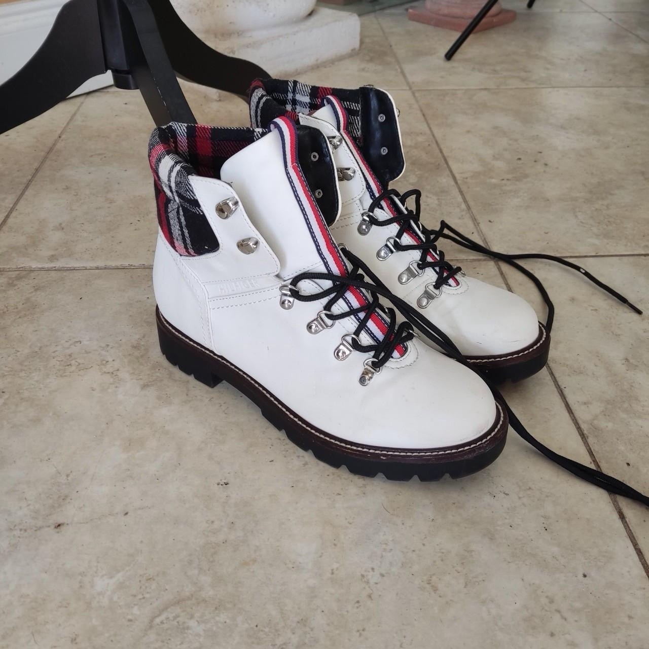 Tommy Hilfiger White and red plaid Combat Style boots Size 10