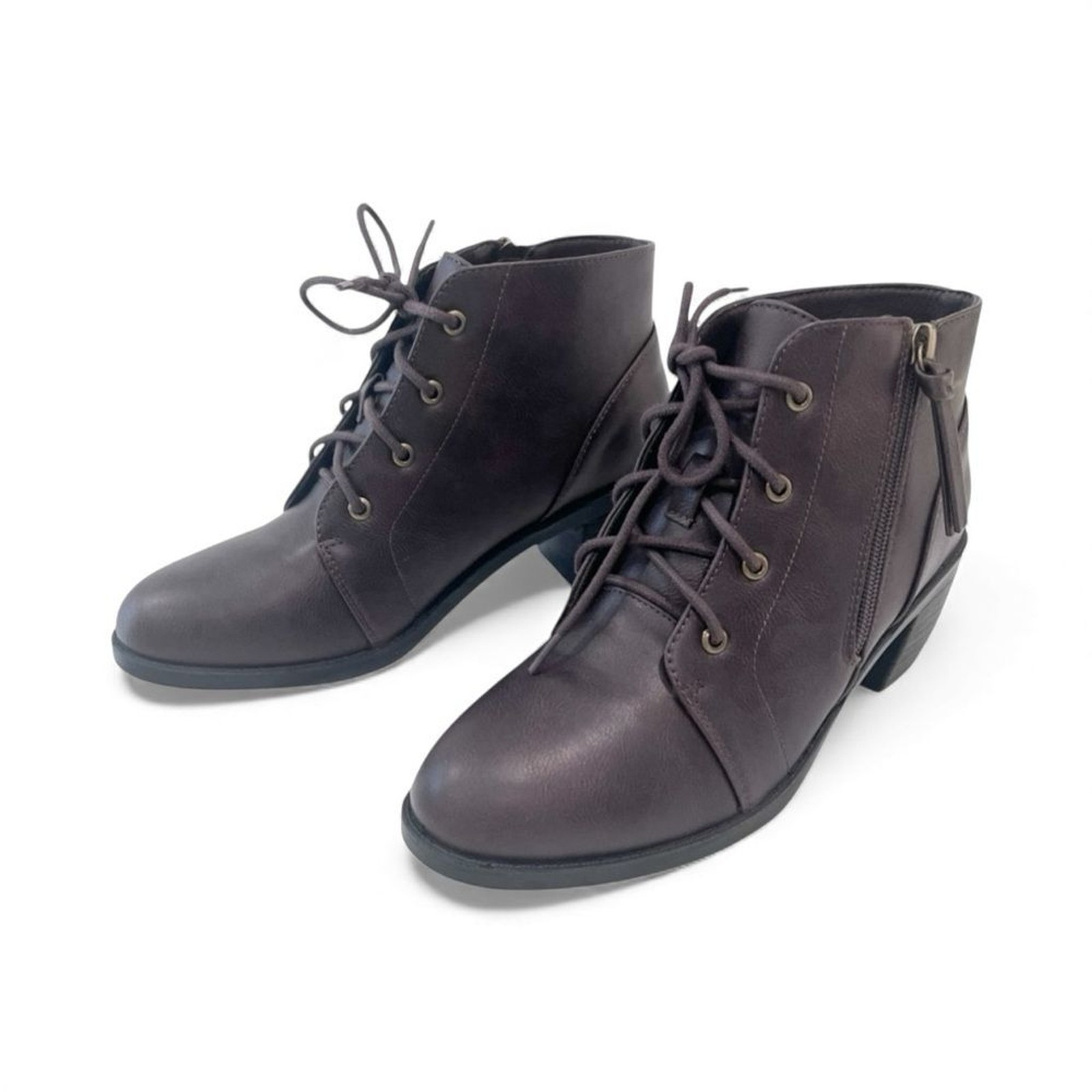 Easy Street Becker Lace Up Zip Ankle Boots Brown Faux Leather 7.5 Extra Wide NEW