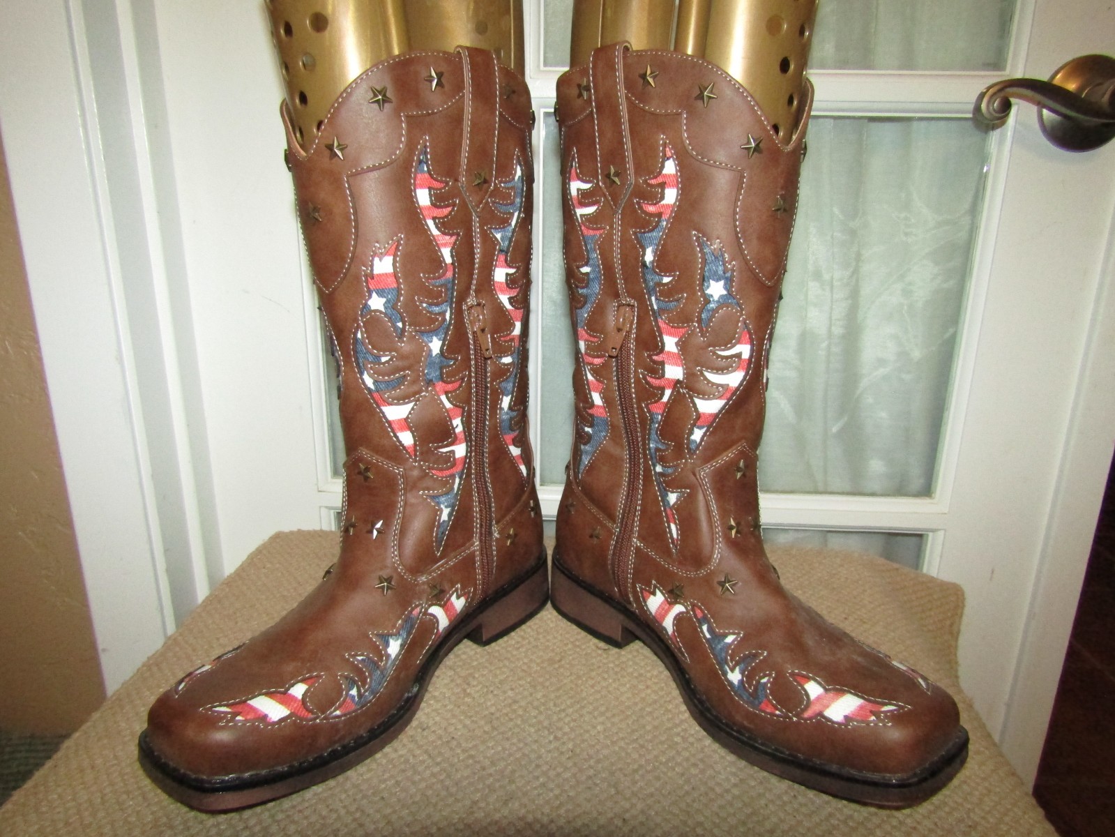 Comfort Womens Boots sz 8 Brown Square Toe American Flag Western Patriot