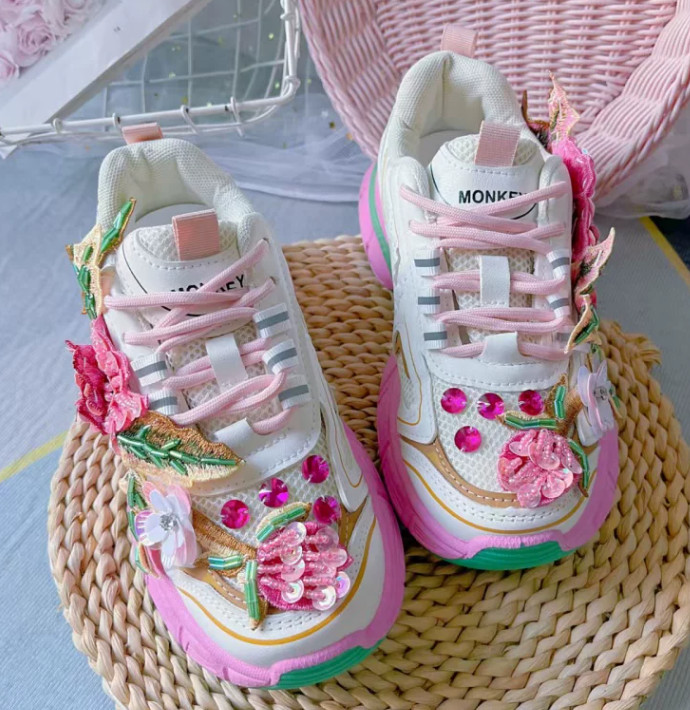 Floral Womens Platform Floral Lace Up Sequins Beaded Creeper Casual Sport Shoes
